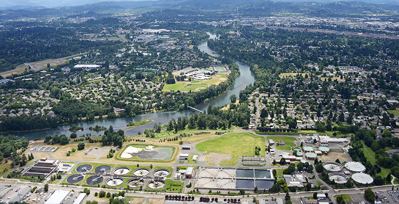 aerial of wastewater treatment plant by the willamette river